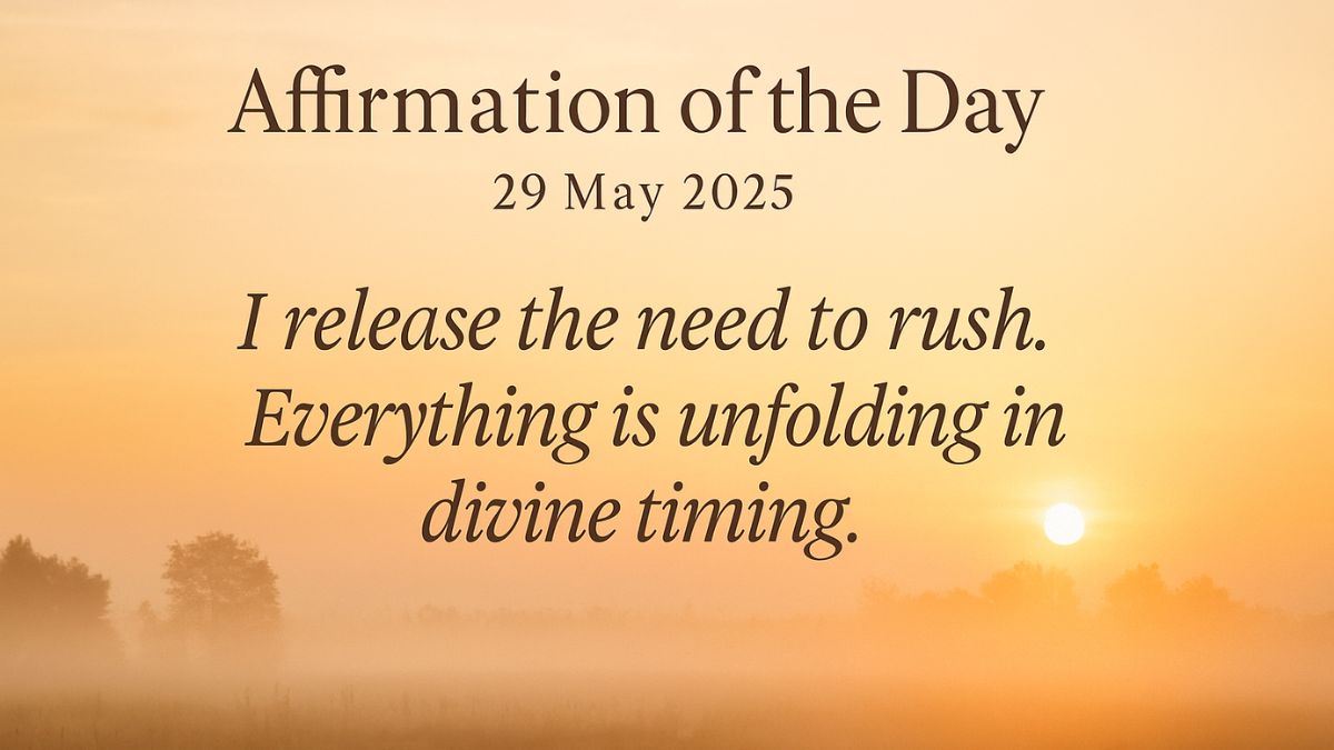 A warm-toned spiritual header with the text “Affirmation of the Day – 29 May 2025: Trust the Timing of Your Life”