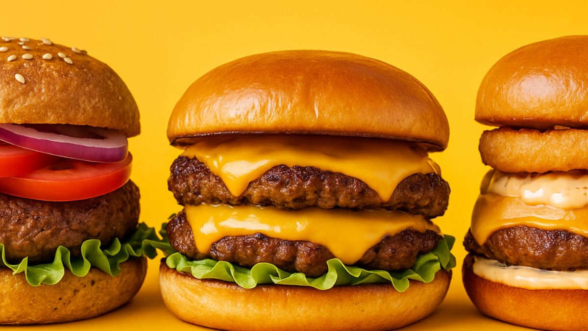 Assorted gourmet burgers including vegan and smash varieties