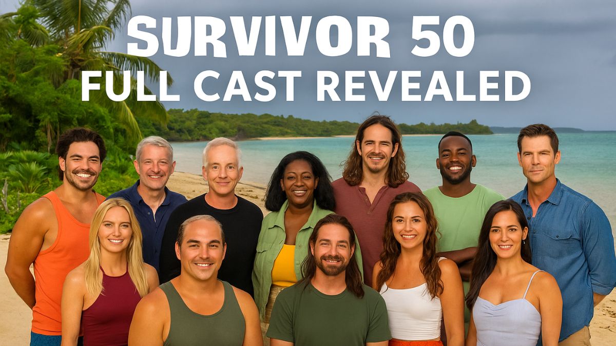 Survivor 50 cast revealed standing on tropical beach with Mike White, Ozzy Lusth, Cirie Fields, and Colby Donaldson