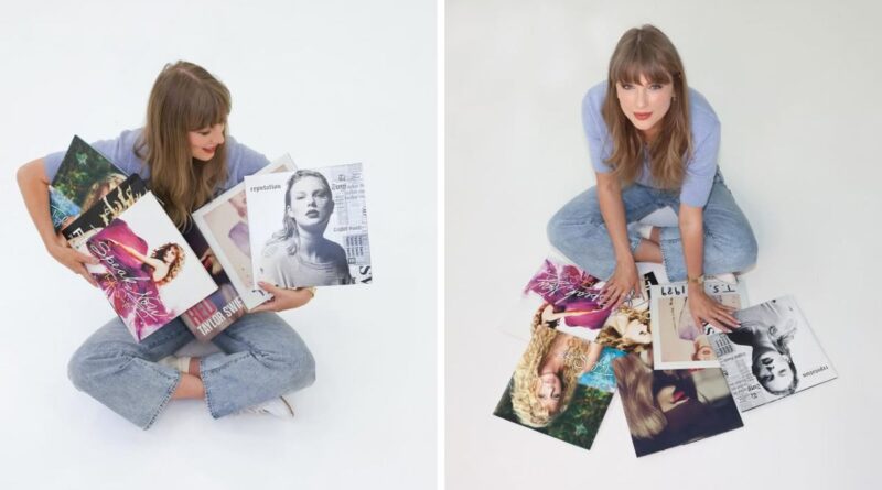 Taylor Swift smiling while holding a vintage record, symbolizing reclaiming her music