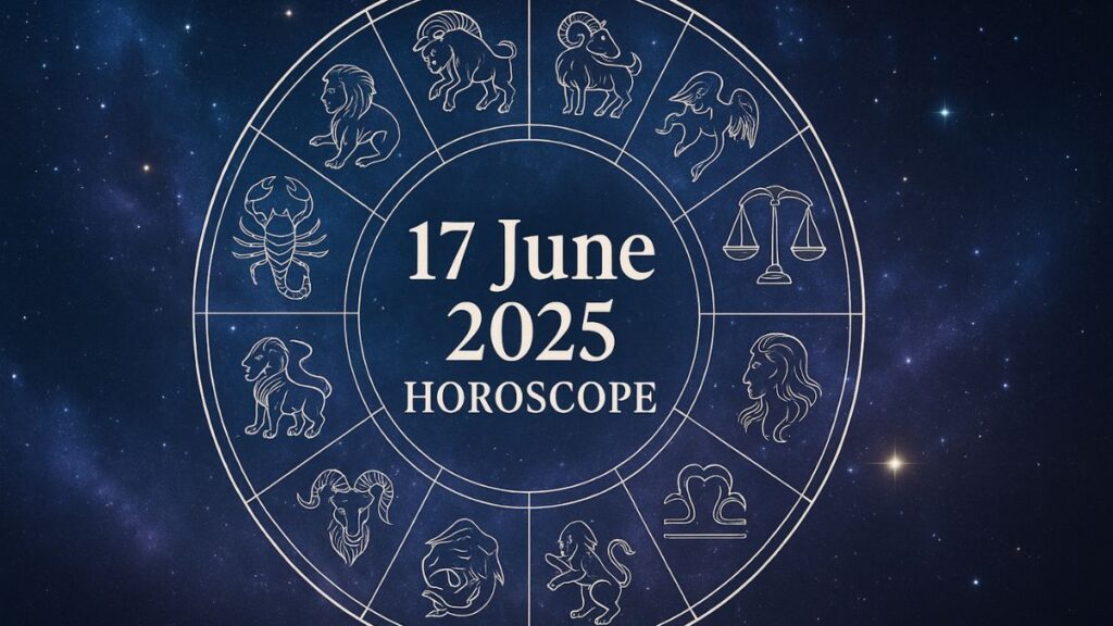 Zodiac wheel illustration with celestial background for 17 June 2025 horoscope