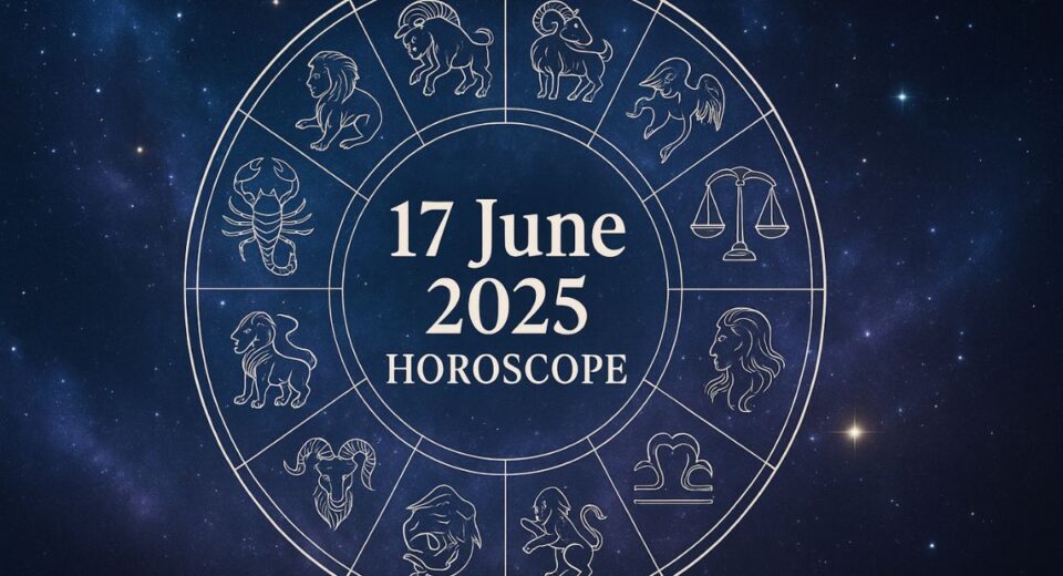 Zodiac wheel illustration with celestial background for 17 June 2025 horoscope