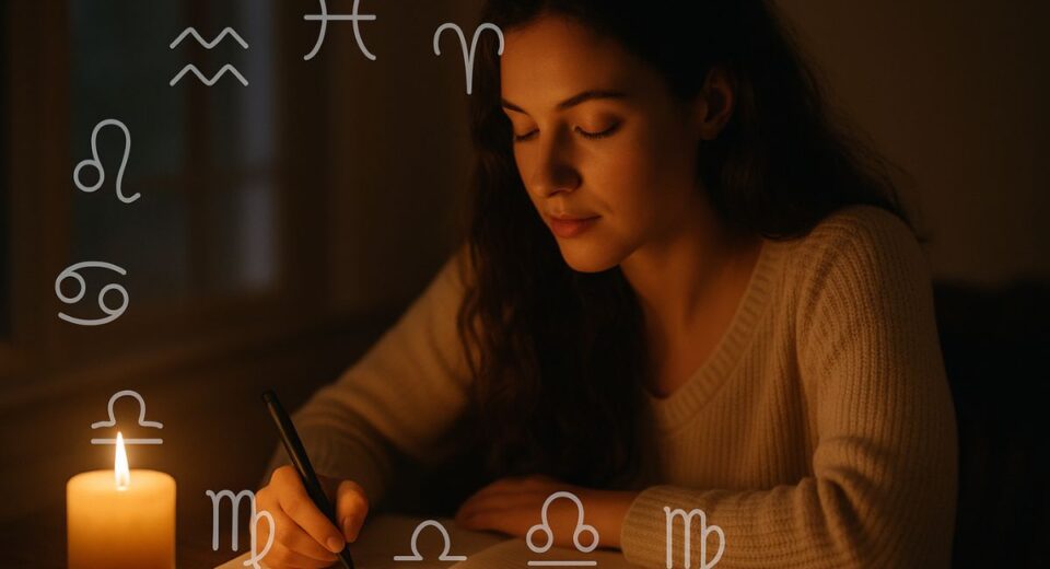 Serene woman journaling by candlelight with zodiac symbols overlay