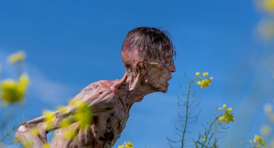 Alpha zombie mid-sprint through a yellow flower field under clear blue sky in 28 Years Later (2025)