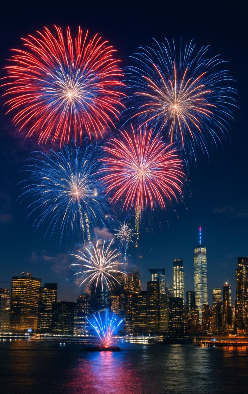 Fireworks over city skyline on 4th of July, reflected in water