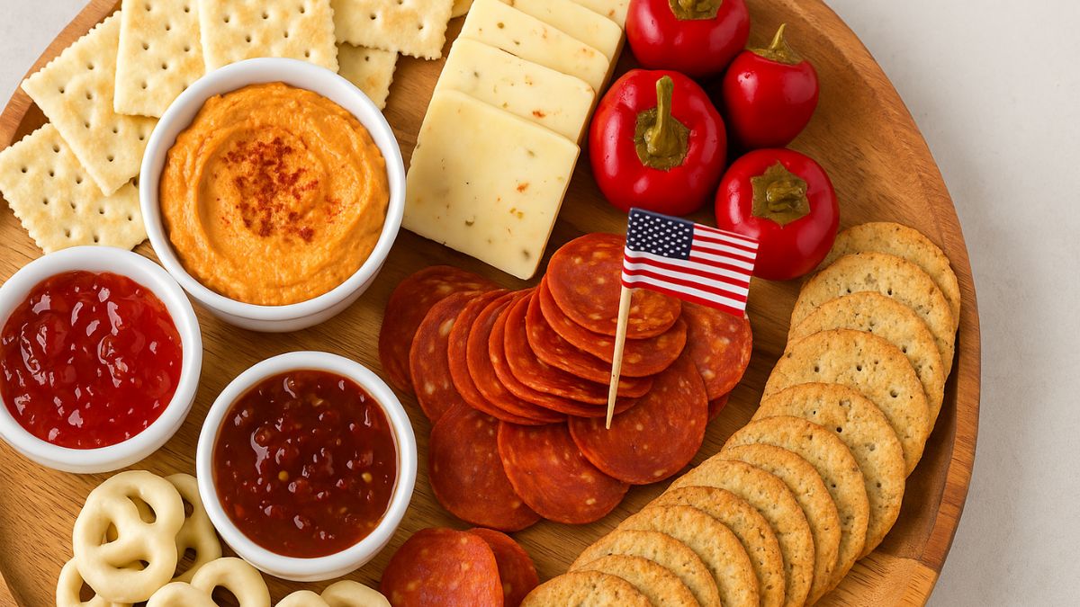 Fourth of July snack board with pepperoni, spicy hummus, pepper jelly, crackers, and jalapeño cheese
