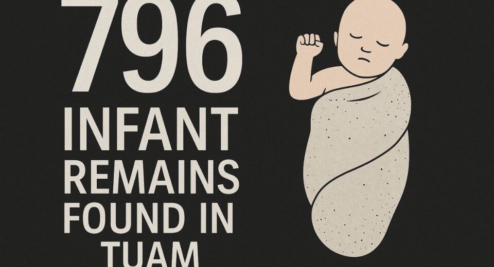 796 Infant Remains Found in Tuam graphic illustration with a swaddled baby on dark background
