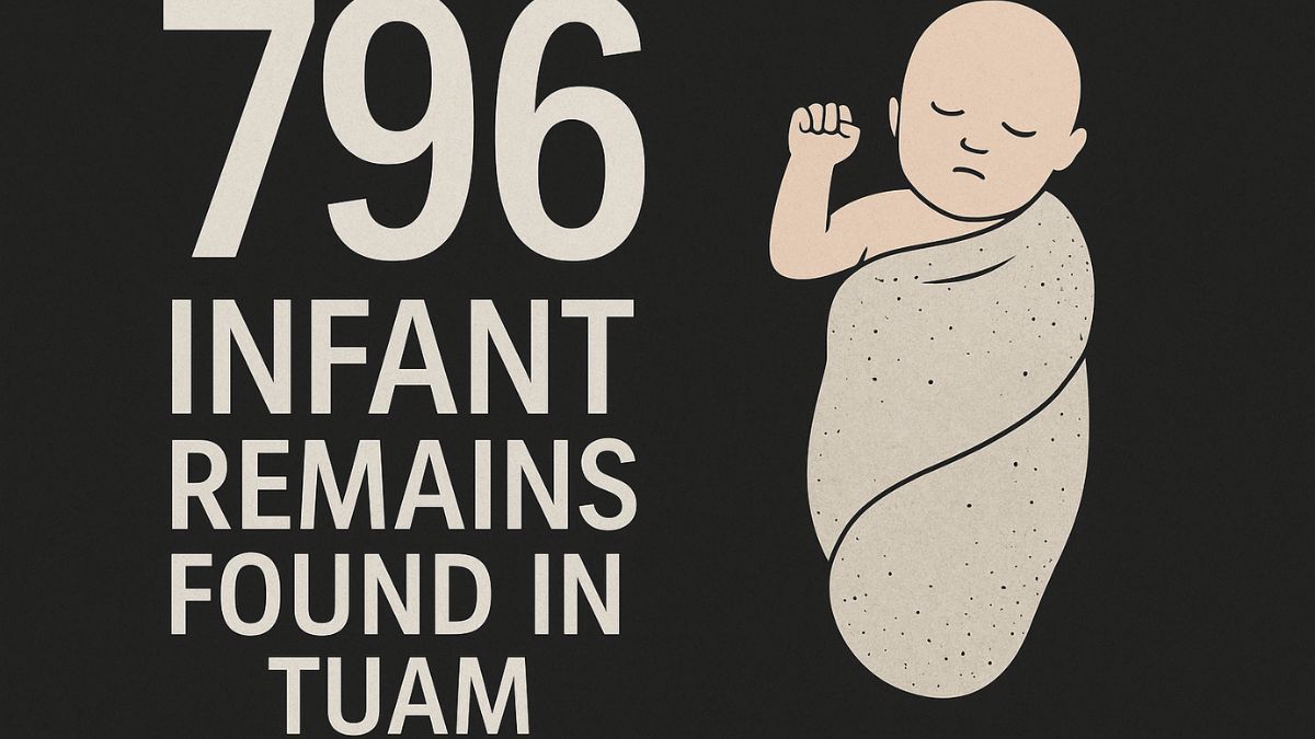 796 Infant Remains Found in Tuam graphic illustration with a swaddled baby on dark background