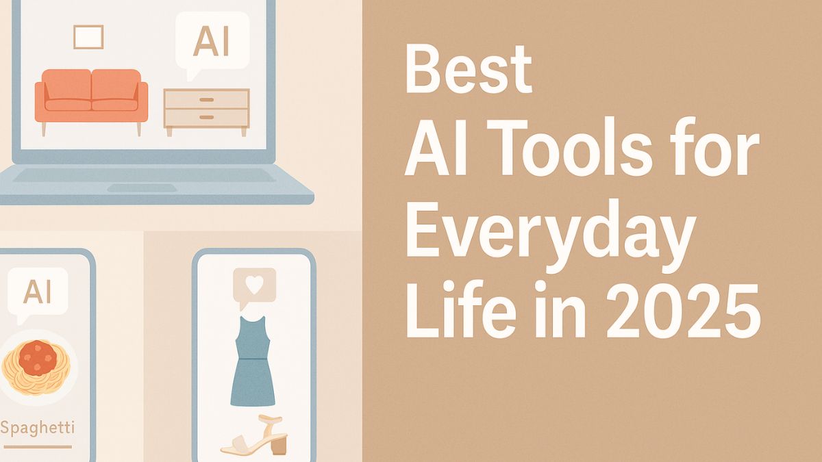 Illustration showing AI tools for home design, cooking, and fashion