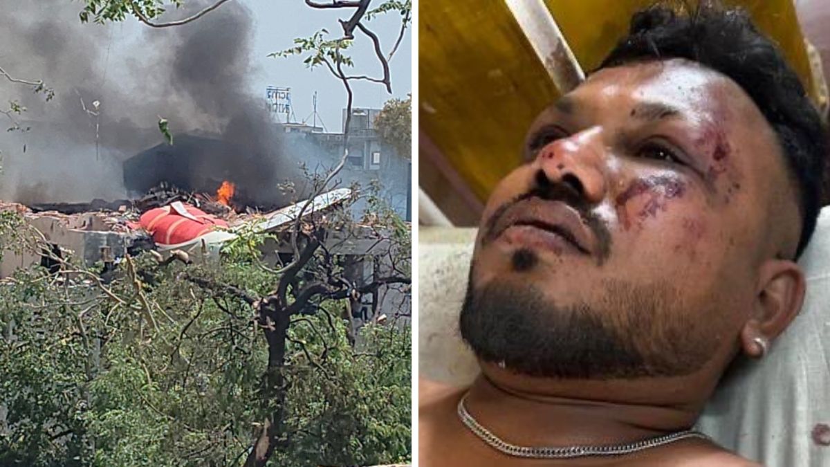 Composite image of Air India crash site in Ahmedabad and survivor Vishwash Kumar Ramesh in hospital