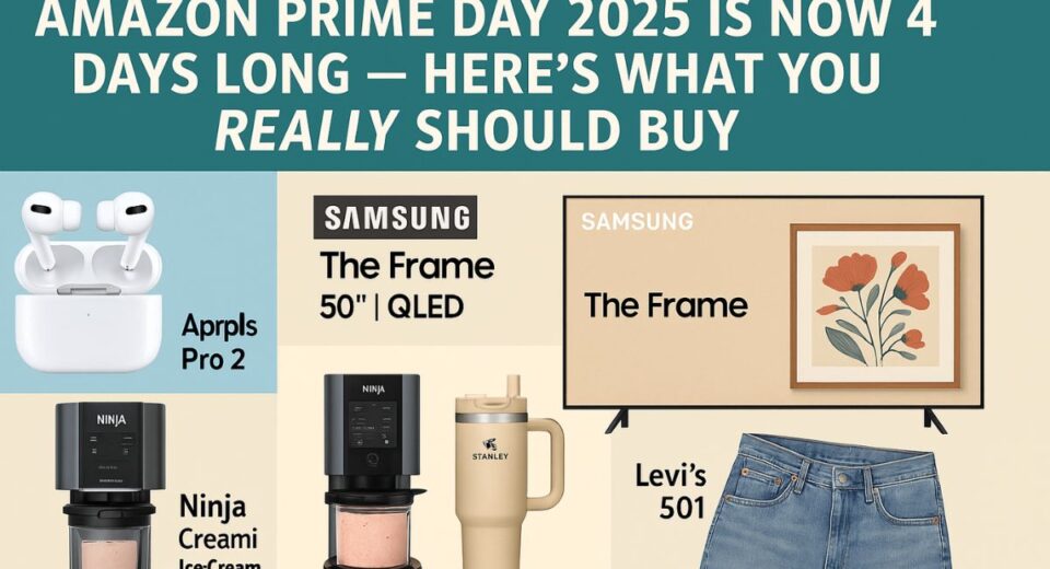 Amazon Prime Day 2025 top deals collage with electronics, kitchen items, and fashion