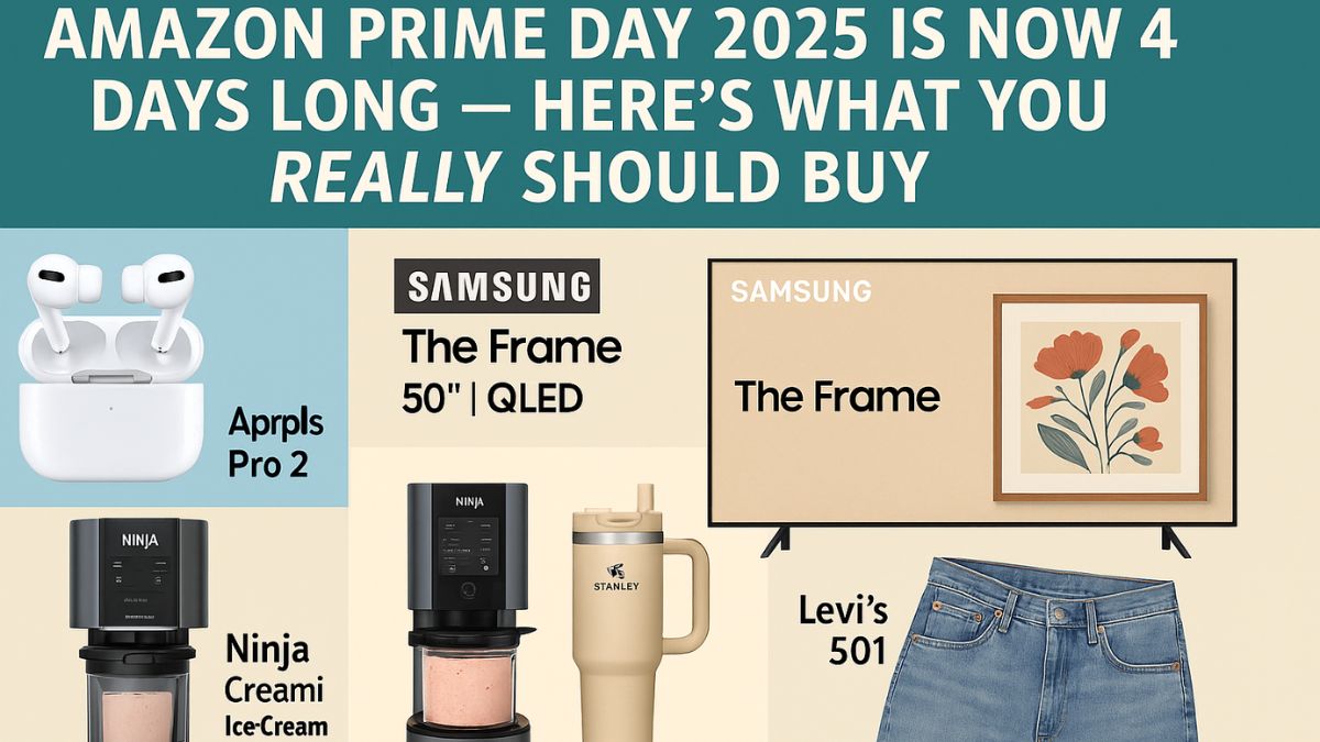 Amazon Prime Day 2025 top deals collage with electronics, kitchen items, and fashion
