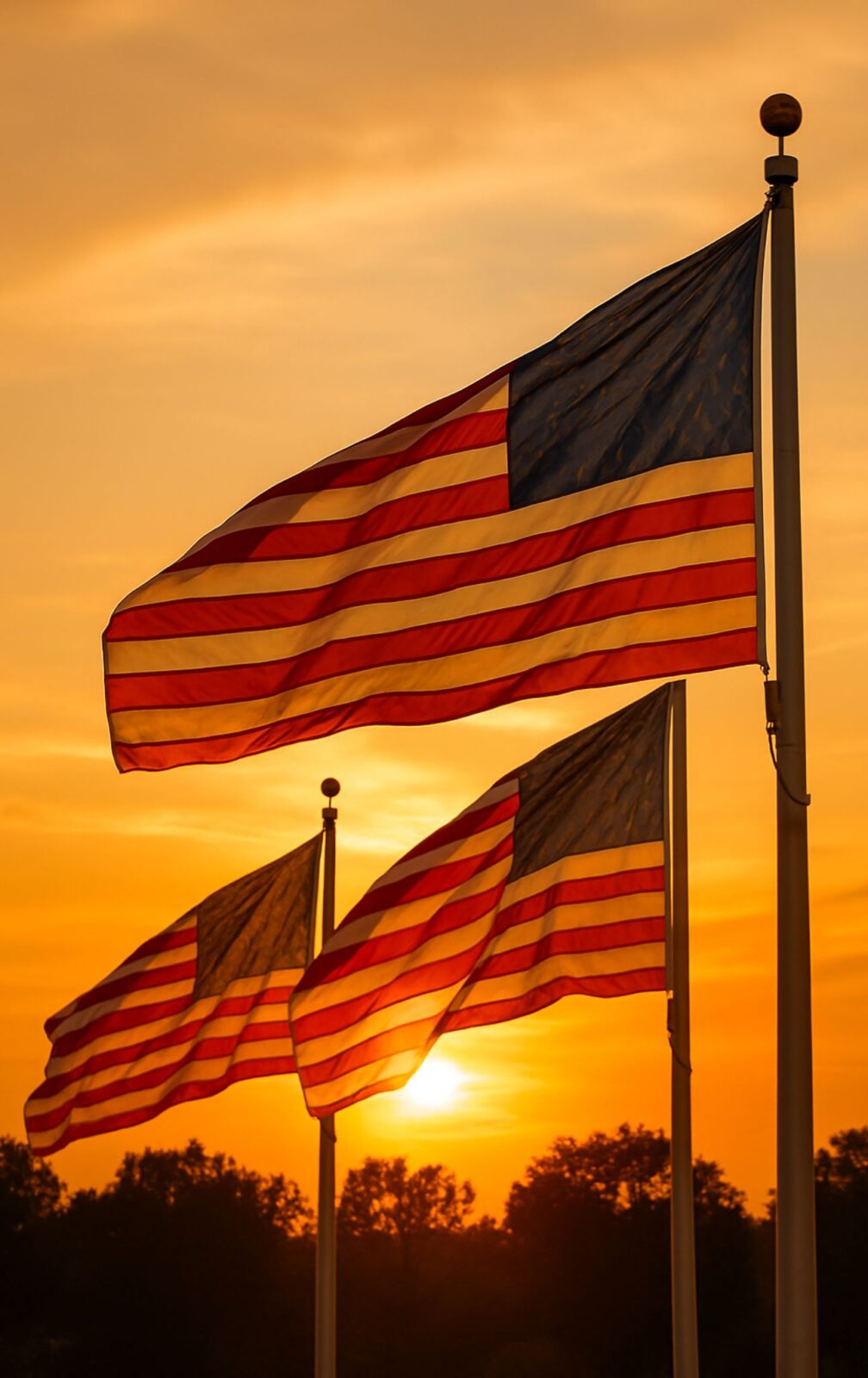 American flags waving in golden sunset light on 4th of July