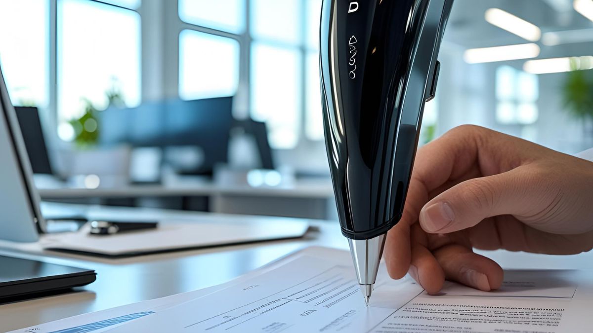 A modern digital pen signing a document in a tech-enabled office