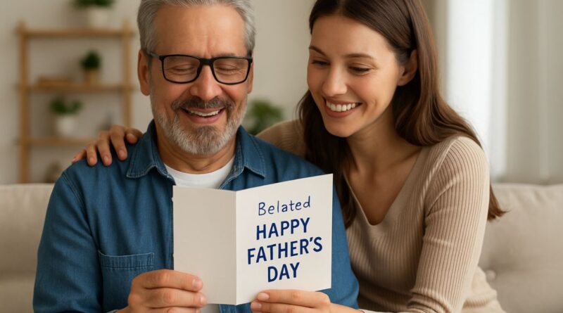 A daughter giving her father a handwritten card with “Belated Happy Father’s Day” written on it.