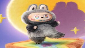 Big Energy Labubu plush figure with rainbow eyes and a wide smile