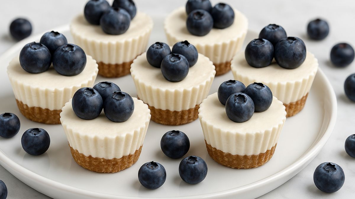 No-bake blueberry cheesecake bites with almond crust and fresh toppings