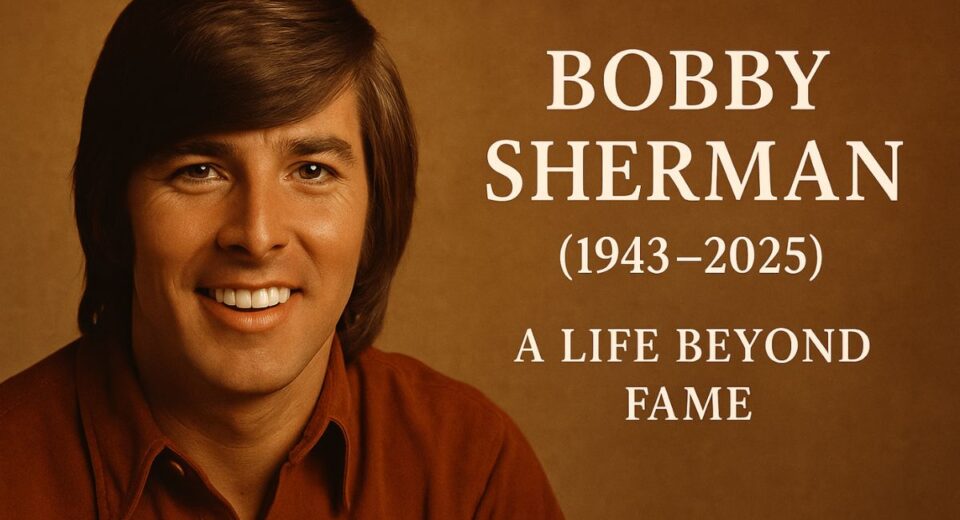 Bobby Sherman smiling in a sepia-toned tribute graphic