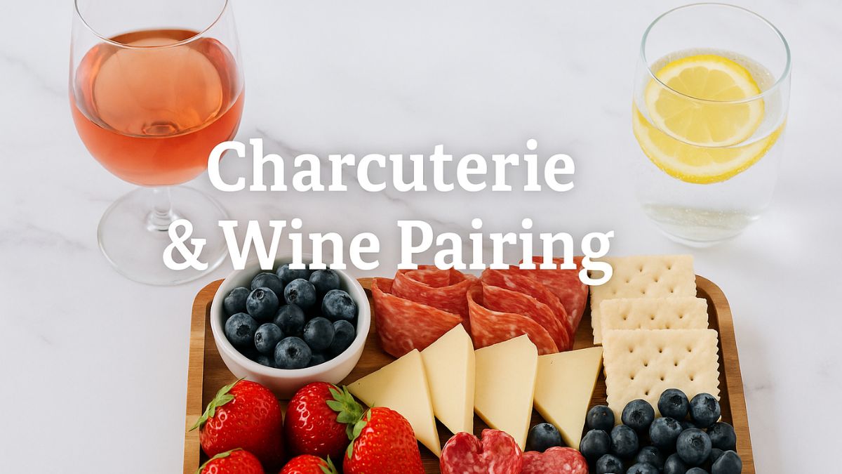 Charcuterie board with cheeses, meats, fruit, and wine pairing for a summer celebration