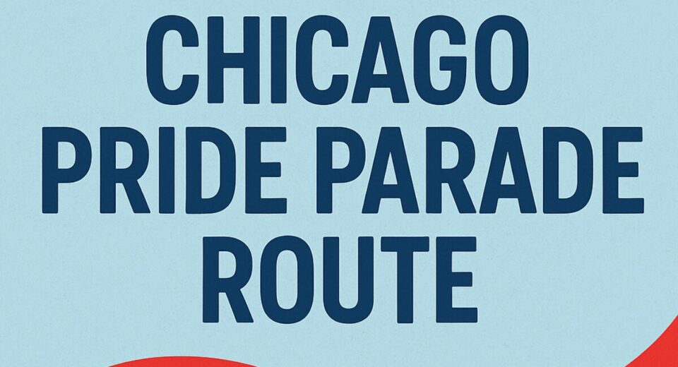 Chicago Pride Parade Route 2025 with rainbow wave on blue background