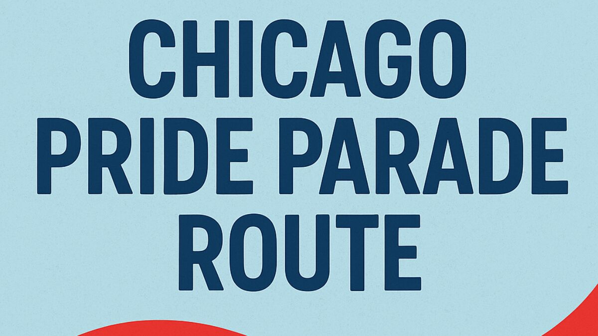 Chicago Pride Parade Route 2025 with rainbow wave on blue background
