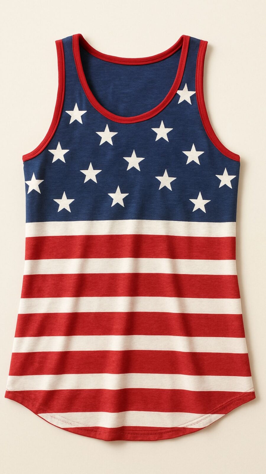 A sleeveless women's tank top with red and white stripes and a blue field of white stars, inspired by the American flag.