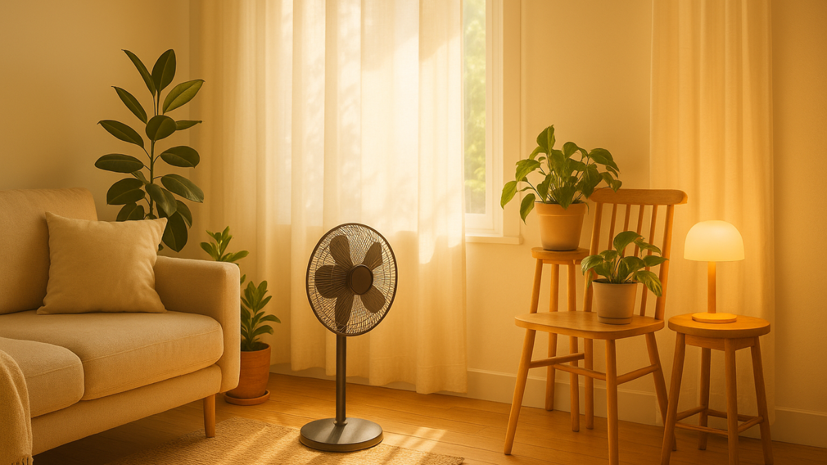 Cozy indoor summer oasis with plants, fan, light curtains, and warm lighting