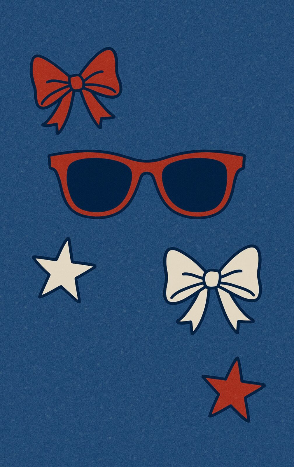 Cute red, white, and blue 4th of July wallpaper with bows, sunglasses, and denim texture