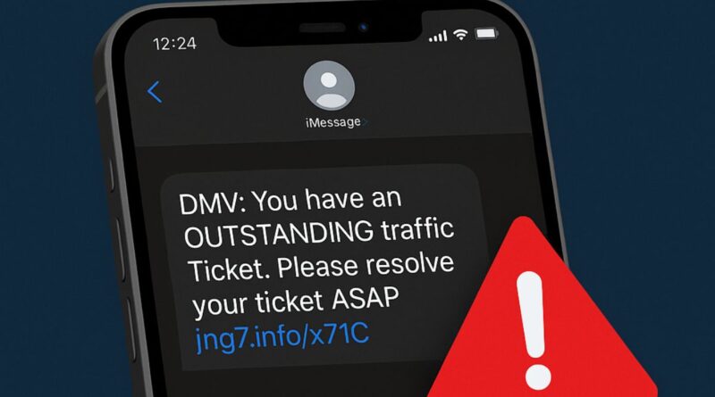 Phone showing a fake DMV scam text claiming an outstanding traffic ticket with a red warning icon