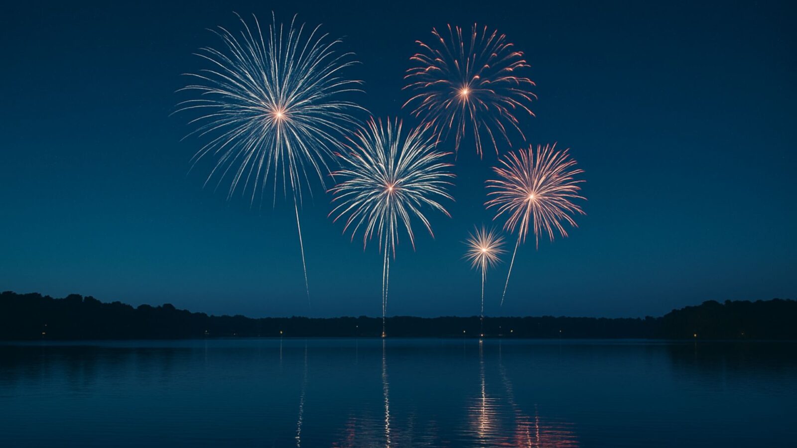 Fireworks bursting above a calm lake at night with reflections