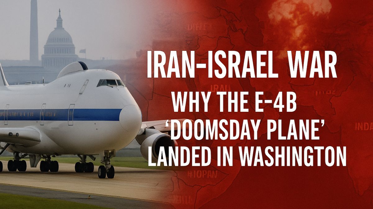 E-4B Doomsday Plane in Washington with Iran-Israel war map and explosion backdrop