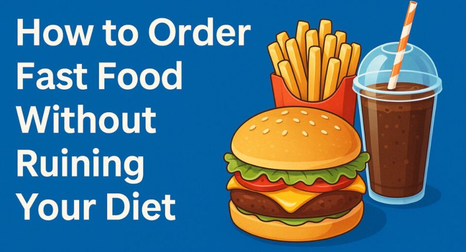 illustration of a burger, fries, and soda with the title how to order fast food without ruining your diet