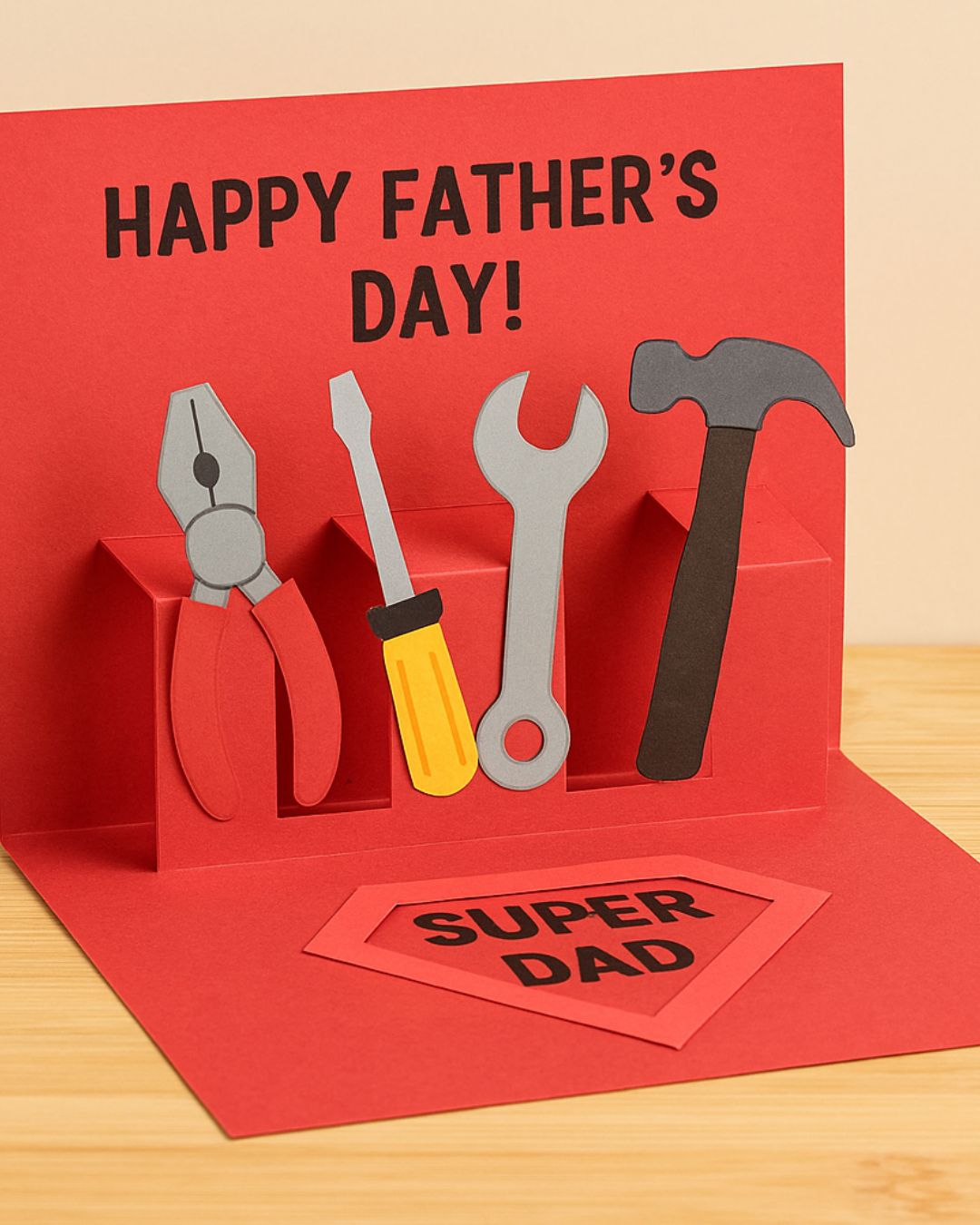 Handmade pop-up Father’s Day card with paper toolbox and tools