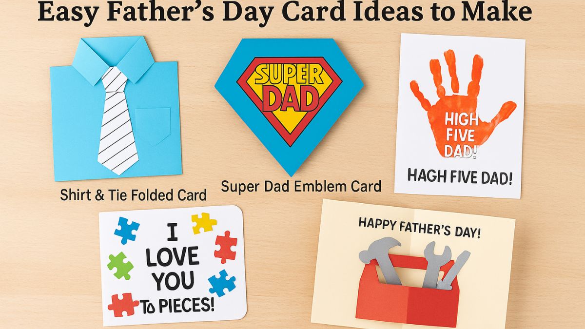 Five handmade Father’s Day cards for kids displayed on a wooden surface with labels