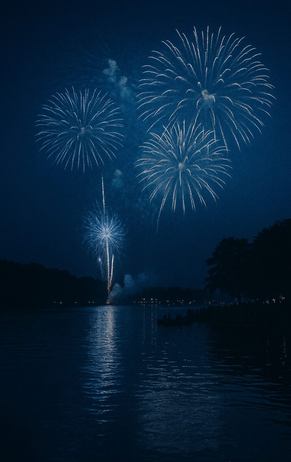 Grainy blue 4th of July fireworks over a calm lake at night