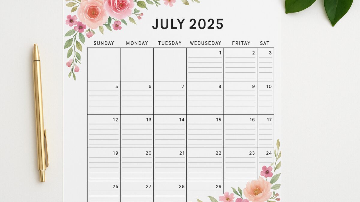 Floral July 2025 printable calendar with lined date boxes