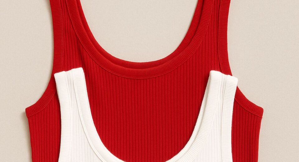Red, white, and navy ribbed knit tank tops arranged in a stack