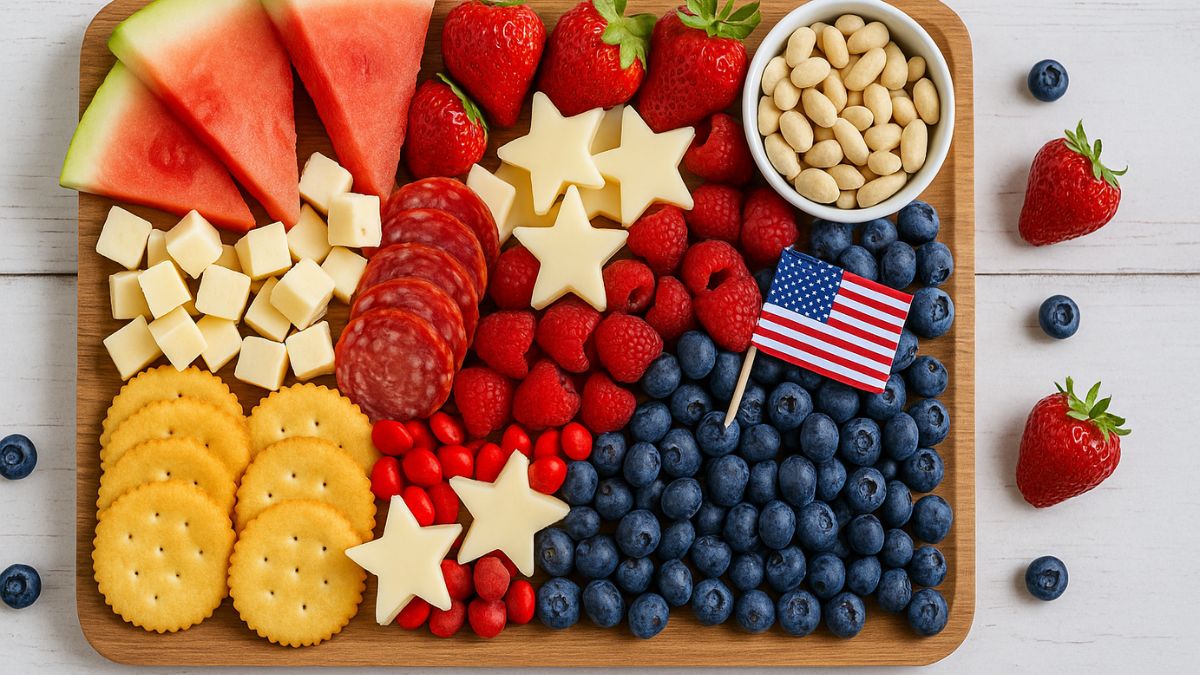 Fourth of July charcuterie board with red, white, and blue foods including cheese, fruit, crackers, and salami