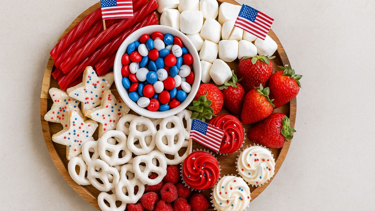 Red, white, and blue dessert charcuterie board with candy, pretzels, marshmallows, and cupcakes