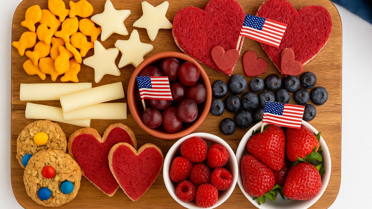 Festive Fourth of July snack board with heart-shaped sandwiches, cheese stars, cookies, fruits, and American flags