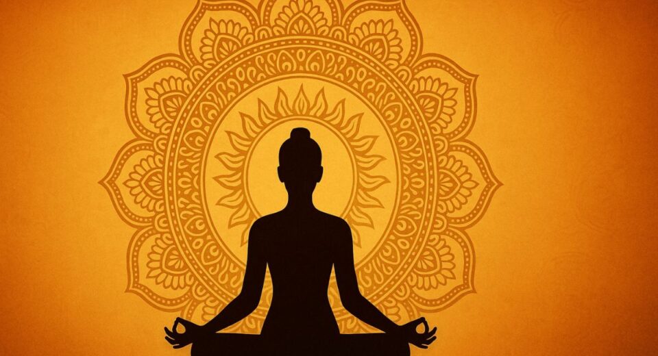 Silhouette of a person meditating in lotus position with a golden mandala background