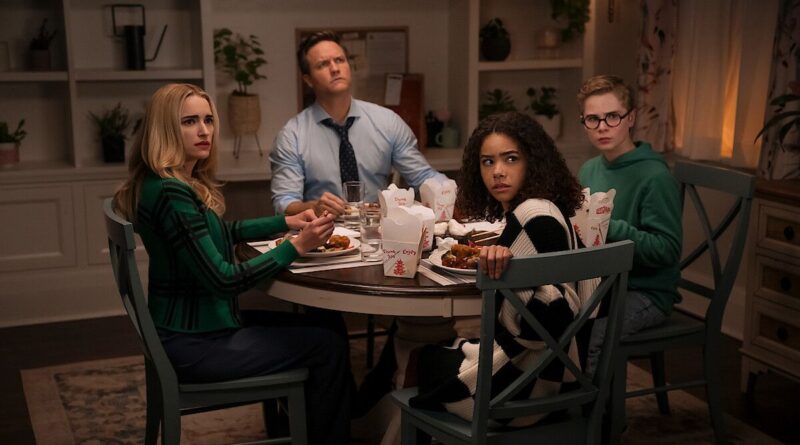 Ginny, Georgia, Mayor Paul, and Austin sit at the dinner table with tense expressions in Ginny & Georgia Season 3.