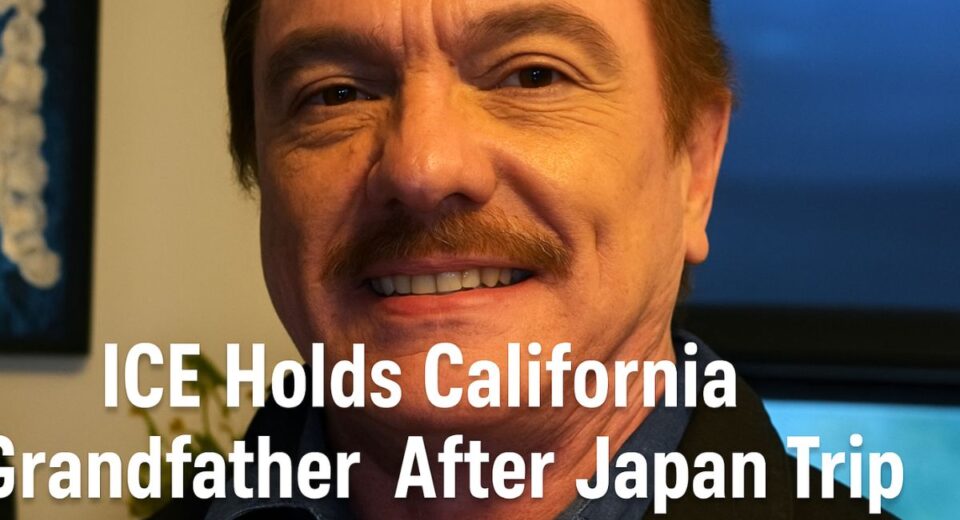 Middle-aged man with mustache smiling indoors; headline reads “ICE Holds California Grandfather After Japan Trip”