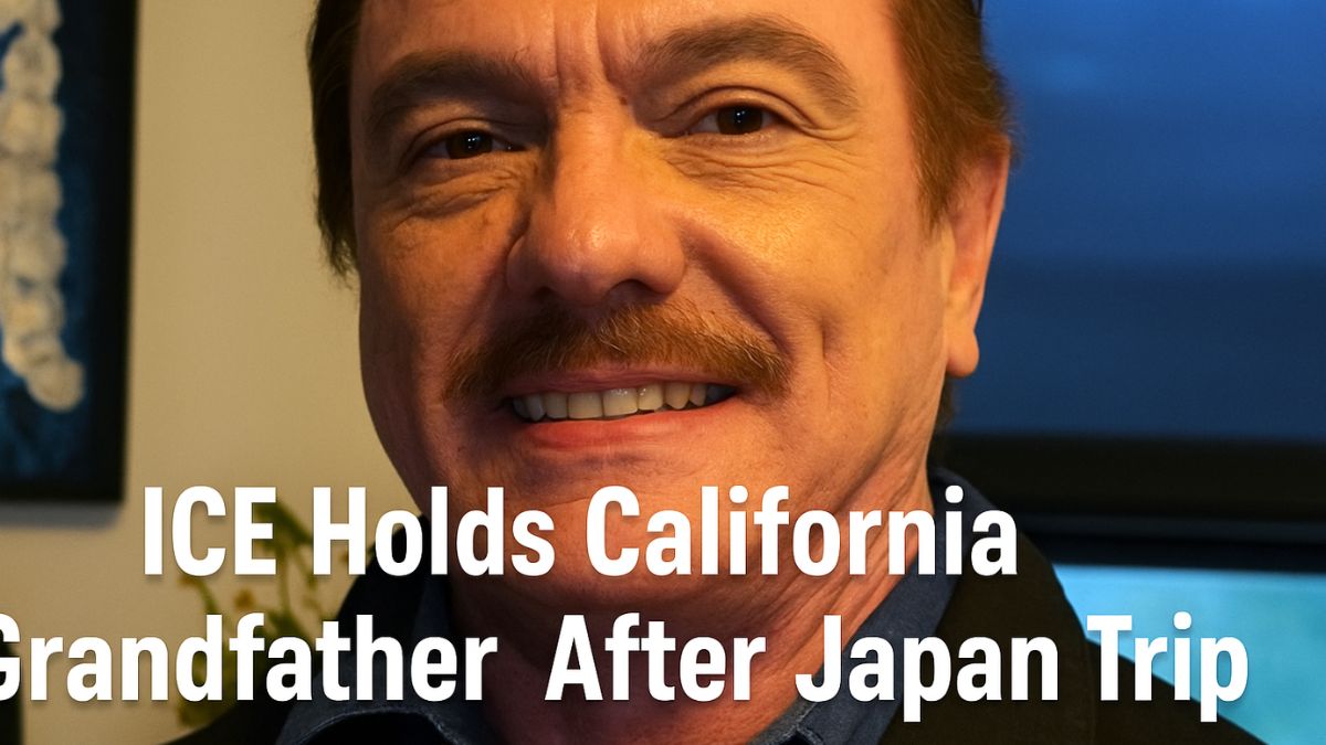 Middle-aged man with mustache smiling indoors; headline reads “ICE Holds California Grandfather After Japan Trip”