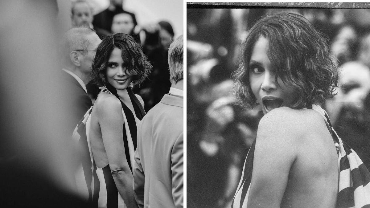 Halle Berry at Cannes 2025 in a bold backless striped dress