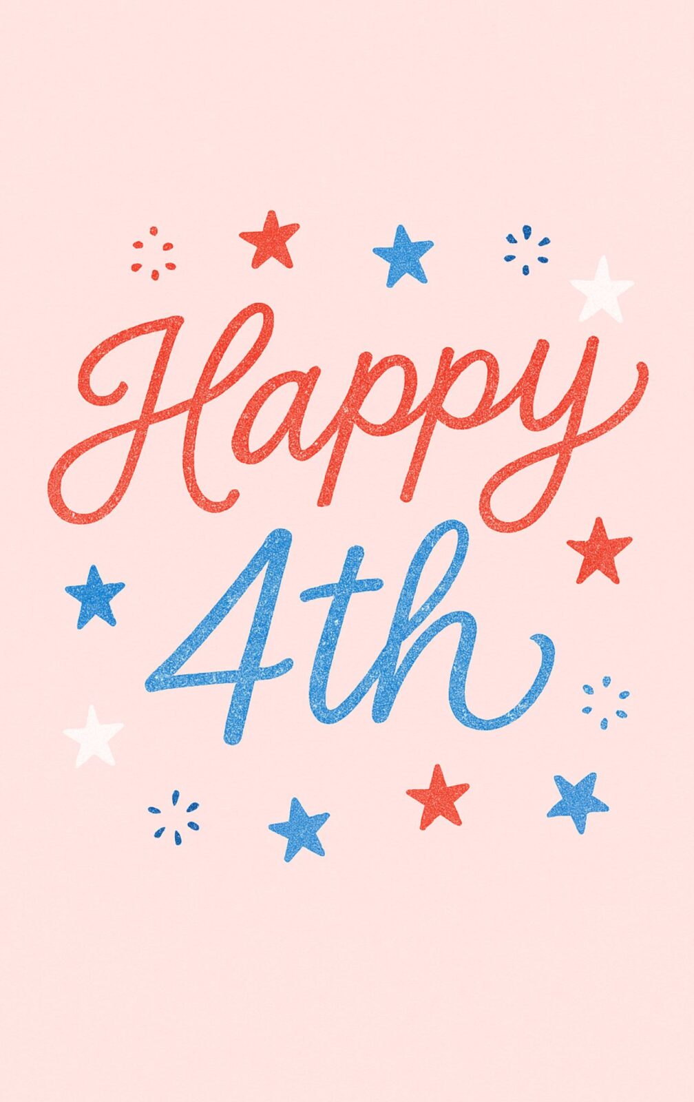 Cute cursive “Happy 4th” glitter wallpaper with stars on pink background