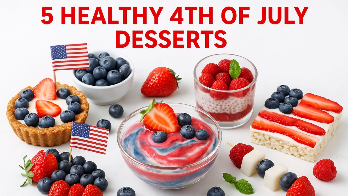 Healthy 4th of July dessert spread with berries, parfaits, and nice cream
