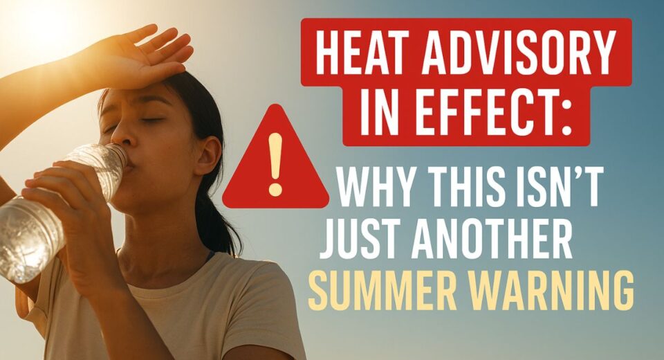 Person drinking water outdoors in extreme sun with warning symbol overlay