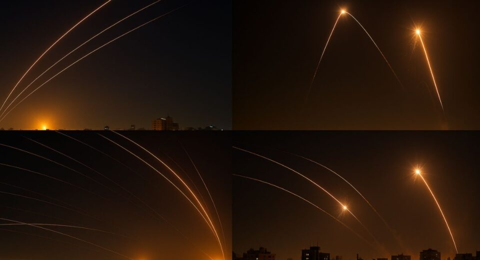 Missile trails and Iron Dome interceptions over Tel Aviv during Iran’s 2025 missile strike.