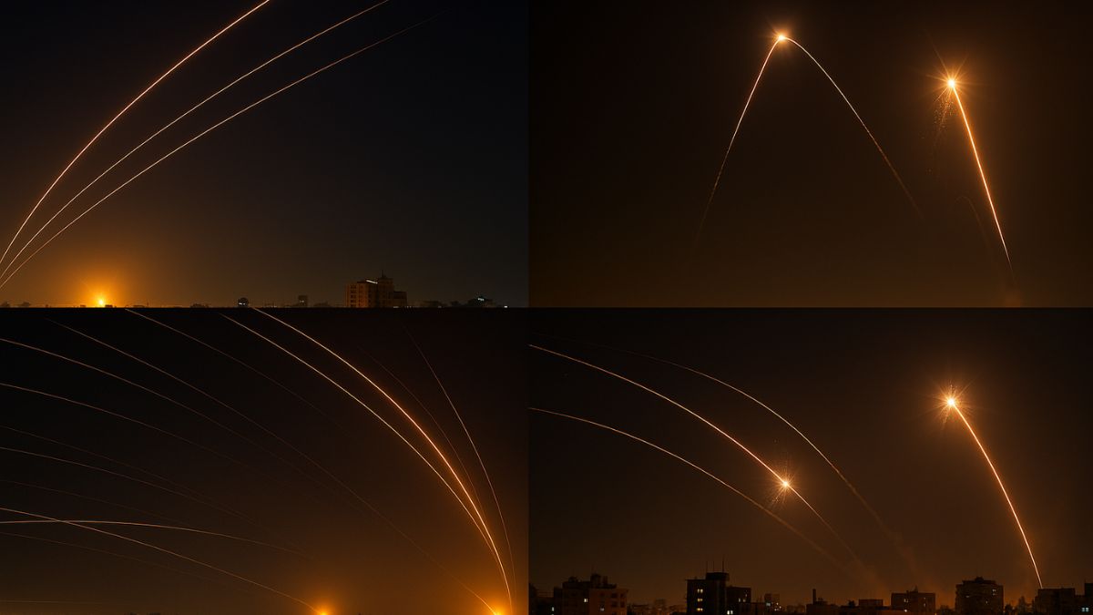Missile trails and Iron Dome interceptions over Tel Aviv during Iran’s 2025 missile strike.